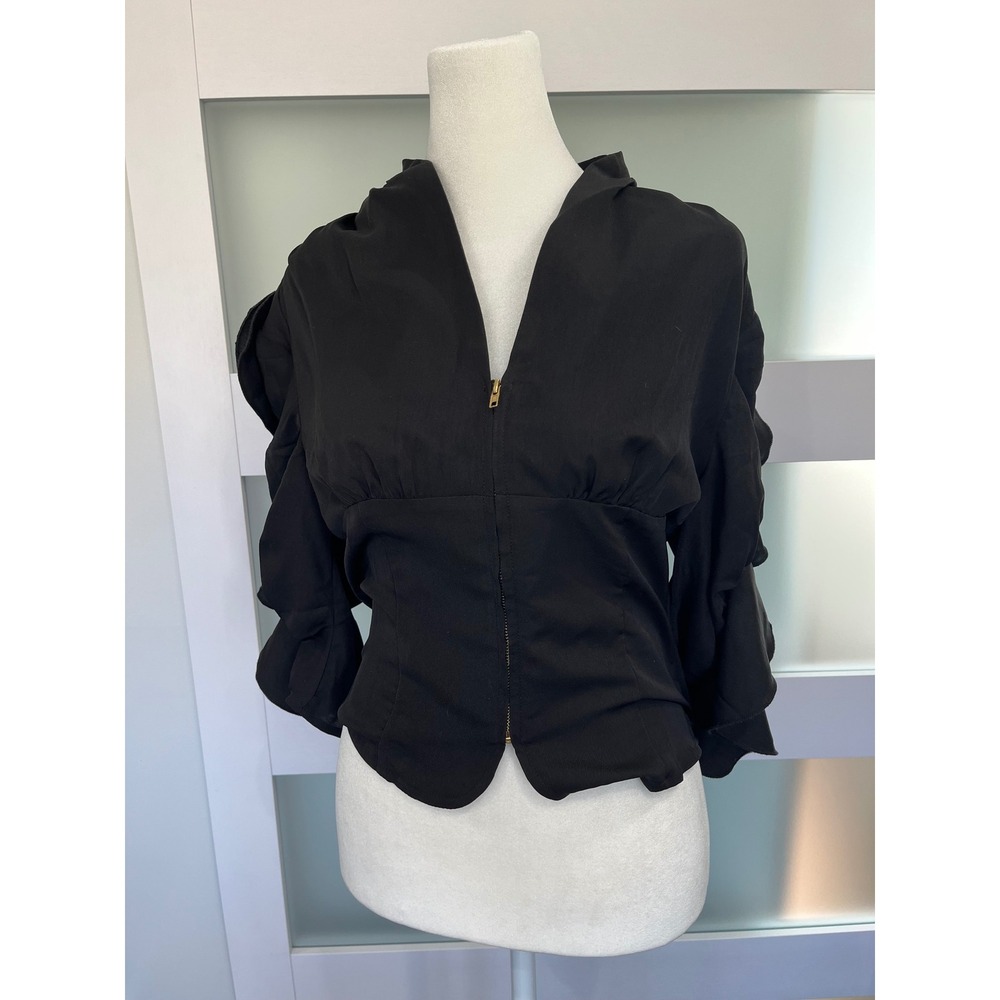 Biba‎ Black Zip Front jacket goth Tiered Ruffle Sleeve Statement Top M